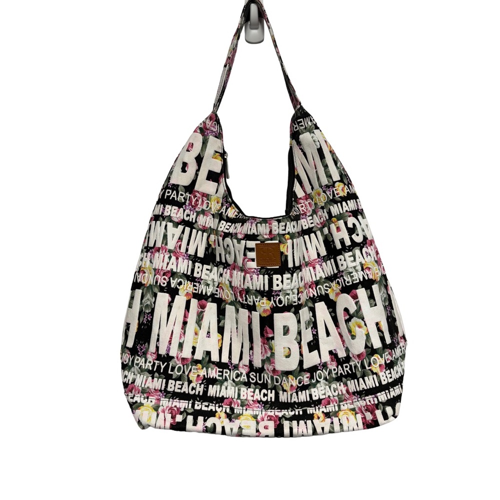 MIAMI BEACH Black Graphic Hobo Bag